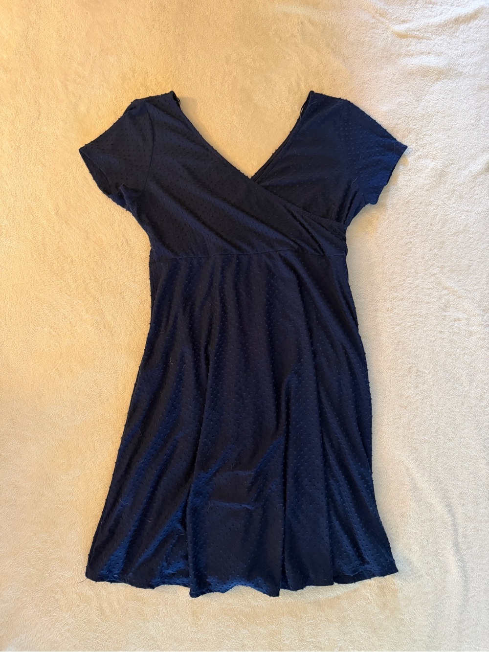 Kaileigh Navy Blue Swiss Dot Faux Wrap Fit & Flare Dress Size L